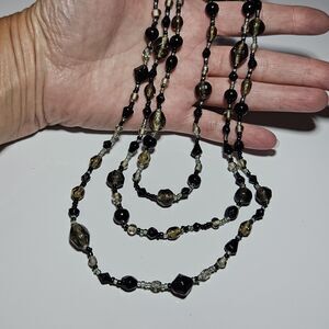 Long Black Clear Gray Glass Beaded Necklace 48"